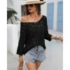 imageATHMILE Womens 2025 Spring Summer Crochet Hollow Out 34 Sleeve Pullover Sweater Off Shoulder TShirtsBlack