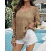 imageATHMILE Womens 2025 Spring Summer Crochet Hollow Out 34 Sleeve Pullover Sweater Off Shoulder TShirtsCamel