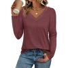 imageATHMILE Long Sleeve T Shirts for Women Lace V Neck Casual Cute Tops Loose Fit Fall Winter Basic ClothingWine Red