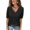 imageATHMILE Summer Tops for Women 2025 Short Sleeve V Neck Sweaters Dressy Casual Blouses Lightweight Thin Knit Fashion ShirtsBlack