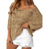 imageATHMILE Womens 2025 Spring Summer Crochet Hollow Out 34 Sleeve Pullover Sweater Off Shoulder TShirtsCamel