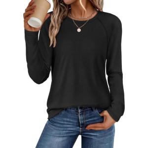 imageATHMILE Long Sleeve Shirts for Women Fall Outfit 2025 Fashion Casual T Shirt Round Neck Basic Loose Tunic TopsBlack
