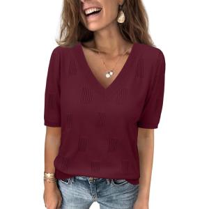 imageATHMILE Summer Tops for Women 2025 Short Sleeve V Neck Sweaters Dressy Casual Blouses Lightweight Thin Knit Fashion ShirtsWine