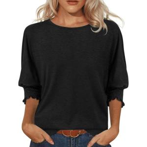 imageATHMILE Womens 34 Sleeve Tops Fall Dressy Casual Blouses for Women 2025 Fashion Cute Crewneck Shirts Work Business TeesBlack