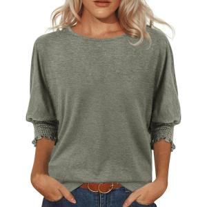 imageATHMILE Womens 34 Sleeve Tops Fall Dressy Casual Blouses for Women 2025 Fashion Cute Crewneck Shirts Work Business TeesGrey