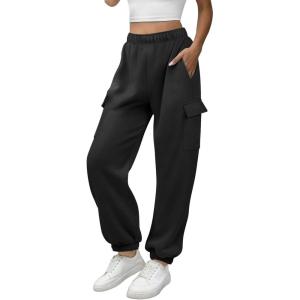 imageATHMILE Womens Cargo Sweatpants Oversized Fleece Joggers Fall Fashion Outfits Y2k Clothes 2024 with PocketsBlack