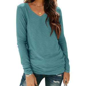 imageATHMILE Womens Long Sleeve V Neck Shirts Basic Tee Casual Top Fall Trendy Tunic Outfits Fitted T ShirtsBlue Green
