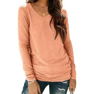 imageATHMILE Womens Long Sleeve V Neck Shirts Basic Tee Casual Top Fall Trendy Tunic Outfits Fitted T ShirtsLight Orange