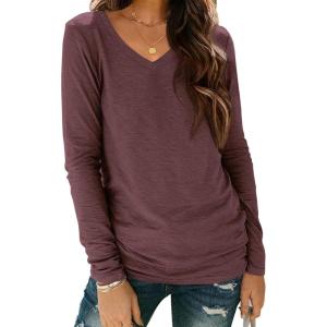 imageATHMILE Womens Long Sleeve V Neck Shirts Basic Tee Casual Top Fall Trendy Tunic Outfits Fitted T ShirtsWine Red
