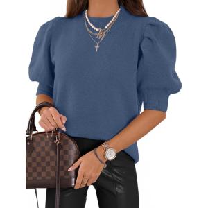 imageATHMILE Womens Puff Short Sleeve Sweater Tops 2025 Spring Summer Fall Trendy Casual T Shirts BlousesAblue