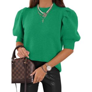 imageATHMILE Womens Puff Short Sleeve Sweater Tops 2025 Spring Summer Fall Trendy Casual T Shirts BlousesAgreen