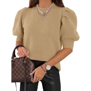 imageATHMILE Womens Puff Short Sleeve Sweater Tops 2025 Spring Summer Fall Trendy Casual T Shirts BlousesAkhaki
