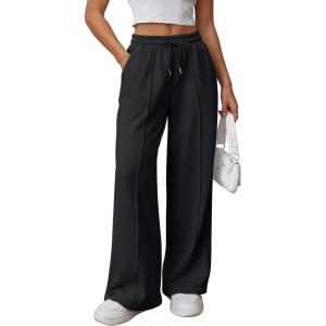 imageATHMILE Womens Wide Leg Sweatpants High Waisted Baggy Pants Fashion Teen Girl Drawstring Athletic JoggersBlack