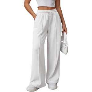 imageATHMILE Womens Wide Leg Sweatpants High Waisted Baggy Pants Fashion Teen Girl Drawstring Athletic JoggersWhite