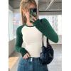 imageATHMILE Womens Short SleeveLong Sleeve Cropped Tops Slim Fit Stretchy Color Block Slightly Shirts Y2k Fashion Clothes2beige Emerald Combo