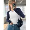 imageATHMILE Womens Short SleeveLong Sleeve Cropped Tops Slim Fit Stretchy Color Block Slightly Shirts Y2k Fashion Clothes2white Navy Combo