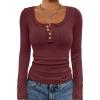 imageATHMILE Womens Long Sleeve Shirts Casual Fall Henley Top Button Down Blouses Basic Ribbed Knit T Shirts 2025Winered