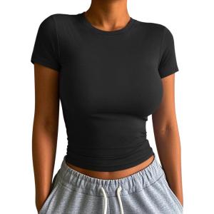 imageATHMILE Womens Basic TShirts Going Out Crop Tops Tight Slim Fit Cute Teen Girls Short SleeveLong Sleeve Y2k Clothes1black