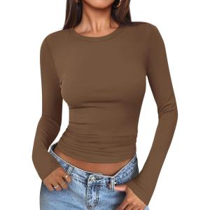 imageATHMILE Womens Basic TShirts Going Out Crop Tops Tight Slim Fit Cute Teen Girls Short SleeveLong Sleeve Y2k Clothes2brown