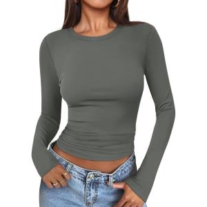 imageATHMILE Womens Basic TShirts Going Out Crop Tops Tight Slim Fit Cute Teen Girls Short SleeveLong Sleeve Y2k Clothes2gray