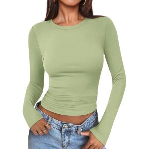 imageATHMILE Womens Basic TShirts Going Out Crop Tops Tight Slim Fit Cute Teen Girls Short SleeveLong Sleeve Y2k Clothes2light Green