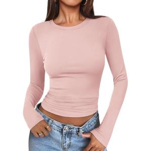 imageATHMILE Womens Basic TShirts Going Out Crop Tops Tight Slim Fit Cute Teen Girls Short SleeveLong Sleeve Y2k Clothes2pink