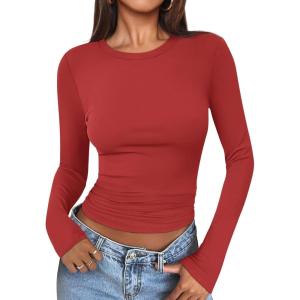 imageATHMILE Womens Basic TShirts Going Out Crop Tops Tight Slim Fit Cute Teen Girls Short SleeveLong Sleeve Y2k Clothes2red
