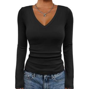 imageATHMILE Womens Fall Deep V Neck Long Sleeve Shirts Modal Slim Fit Basic Tee Tops 2025Ablack