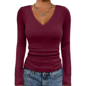 imageATHMILE Womens Fall Deep V Neck Long Sleeve Shirts Modal Slim Fit Basic Tee Tops 2025Aburgundy