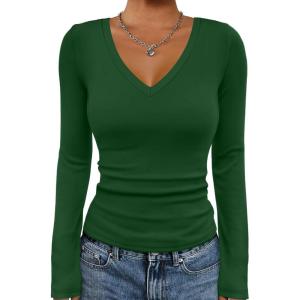 imageATHMILE Womens Fall Deep V Neck Long Sleeve Shirts Modal Slim Fit Basic Tee Tops 2025Adark Green