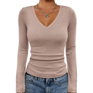imageATHMILE Womens Fall Deep V Neck Long Sleeve Shirts Modal Slim Fit Basic Tee Tops 2025Alatte