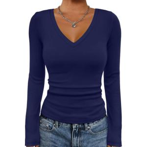 imageATHMILE Womens Fall Deep V Neck Long Sleeve Shirts Modal Slim Fit Basic Tee Tops 2025Anavy