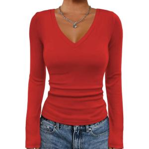 imageATHMILE Womens Fall Deep V Neck Long Sleeve Shirts Modal Slim Fit Basic Tee Tops 2025Ared