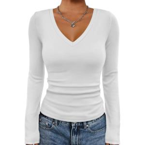 imageATHMILE Womens Fall Deep V Neck Long Sleeve Shirts Modal Slim Fit Basic Tee Tops 2025Awhite