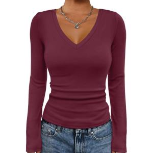 imageATHMILE Womens Fall Deep V Neck Long Sleeve Shirts Modal Slim Fit Basic Tee Tops 2025Bburgundy