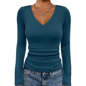 imageATHMILE Womens Fall Deep V Neck Long Sleeve Shirts Modal Slim Fit Basic Tee Tops 2025Navy