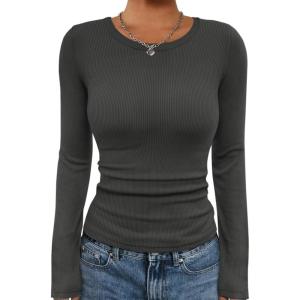 imageATHMILE Womens Long Sleeve Crewneck Ribbed Tops Fall Fitted Stretch Casual Basic T Shirts 2025Acharcoal Grey