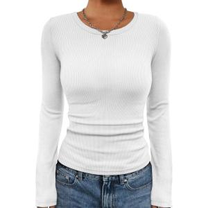 imageATHMILE Womens Long Sleeve Crewneck Ribbed Tops Fall Fitted Stretch Casual Basic T Shirts 2025Awhite