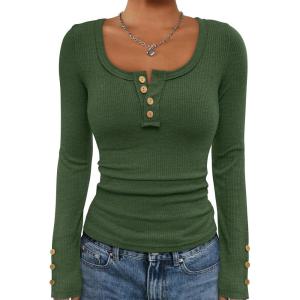 imageATHMILE Womens Long Sleeve Shirts Casual Fall Henley Top Button Down Blouses Basic Ribbed Knit T Shirts 2025Armygreen