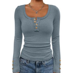imageATHMILE Womens Long Sleeve Shirts Casual Fall Henley Top Button Down Blouses Basic Ribbed Knit T Shirts 2025Blue