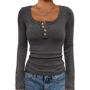 imageATHMILE Womens Long Sleeve Shirts Casual Fall Henley Top Button Down Blouses Basic Ribbed Knit T Shirts 2025Darkgrey