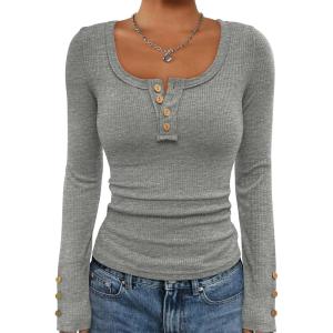 imageATHMILE Womens Long Sleeve Shirts Casual Fall Henley Top Button Down Blouses Basic Ribbed Knit T Shirts 2025Grey
