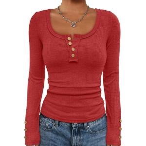 imageATHMILE Womens Long Sleeve Shirts Casual Fall Henley Top Button Down Blouses Basic Ribbed Knit T Shirts 2025Red