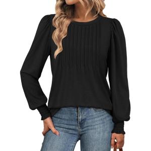 imageATHMILE Womens Long Sleeve Shirts Crew Neck Tops Pleated Business Casual Blouses with Smocked Cuffs Trendy TShirtsBlack