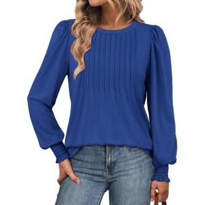 imageATHMILE Womens Long Sleeve Shirts Crew Neck Tops Pleated Business Casual Blouses with Smocked Cuffs Trendy TShirtsBlue