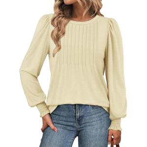 imageATHMILE Womens Long Sleeve Shirts Crew Neck Tops Pleated Business Casual Blouses with Smocked Cuffs Trendy TShirtsCream