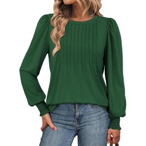 imageATHMILE Womens Long Sleeve Shirts Crew Neck Tops Pleated Business Casual Blouses with Smocked Cuffs Trendy TShirtsGreen