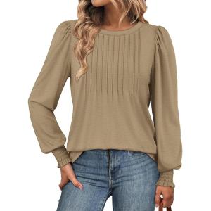 imageATHMILE Womens Long Sleeve Shirts Crew Neck Tops Pleated Business Casual Blouses with Smocked Cuffs Trendy TShirtsKhaki