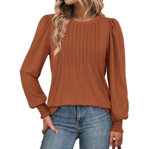 imageATHMILE Womens Long Sleeve Shirts Crew Neck Tops Pleated Business Casual Blouses with Smocked Cuffs Trendy TShirtsMaple