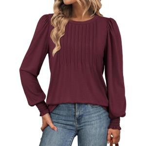 imageATHMILE Womens Long Sleeve Shirts Crew Neck Tops Pleated Business Casual Blouses with Smocked Cuffs Trendy TShirtsWine Red